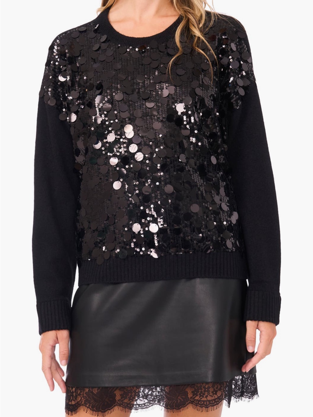 Vince Camuto Paillette Crewneck Sweater In Rich Black Size Small Nwt